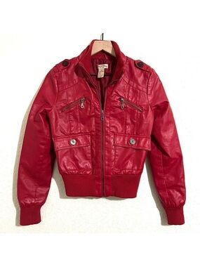 Paris Blues Y2K Red Faux Leather Bomber Jacket Pleather Vinyl Size M